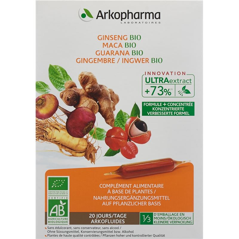 ARKOFLUIDE Gins-Maca-Guar-Ingw Trinkamp Bio 20 Stk